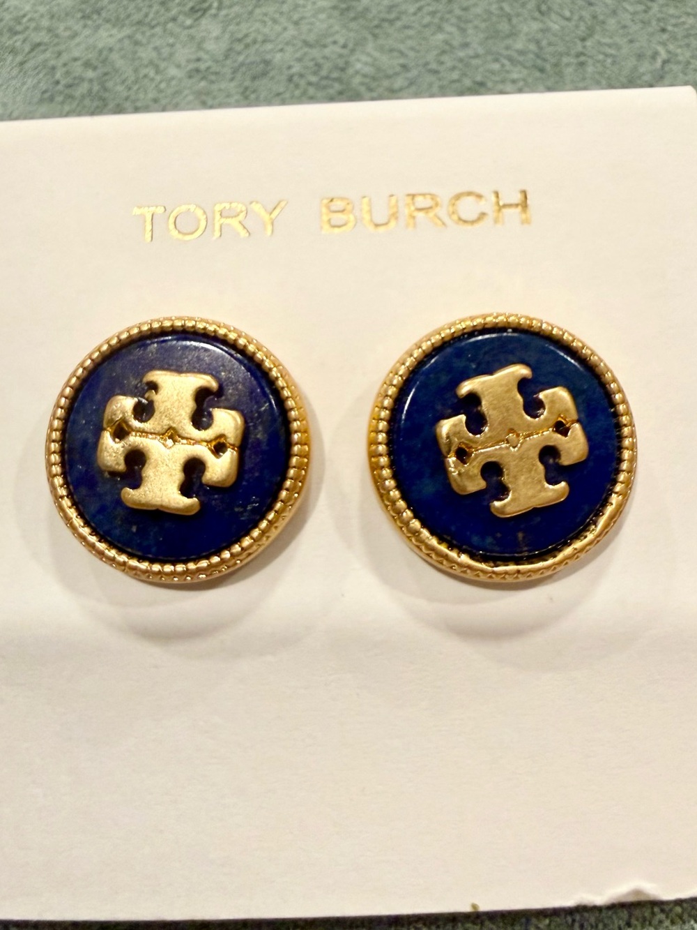 Tory Burch | Gold Plated Logo & Blue Enamel Stud Earrings